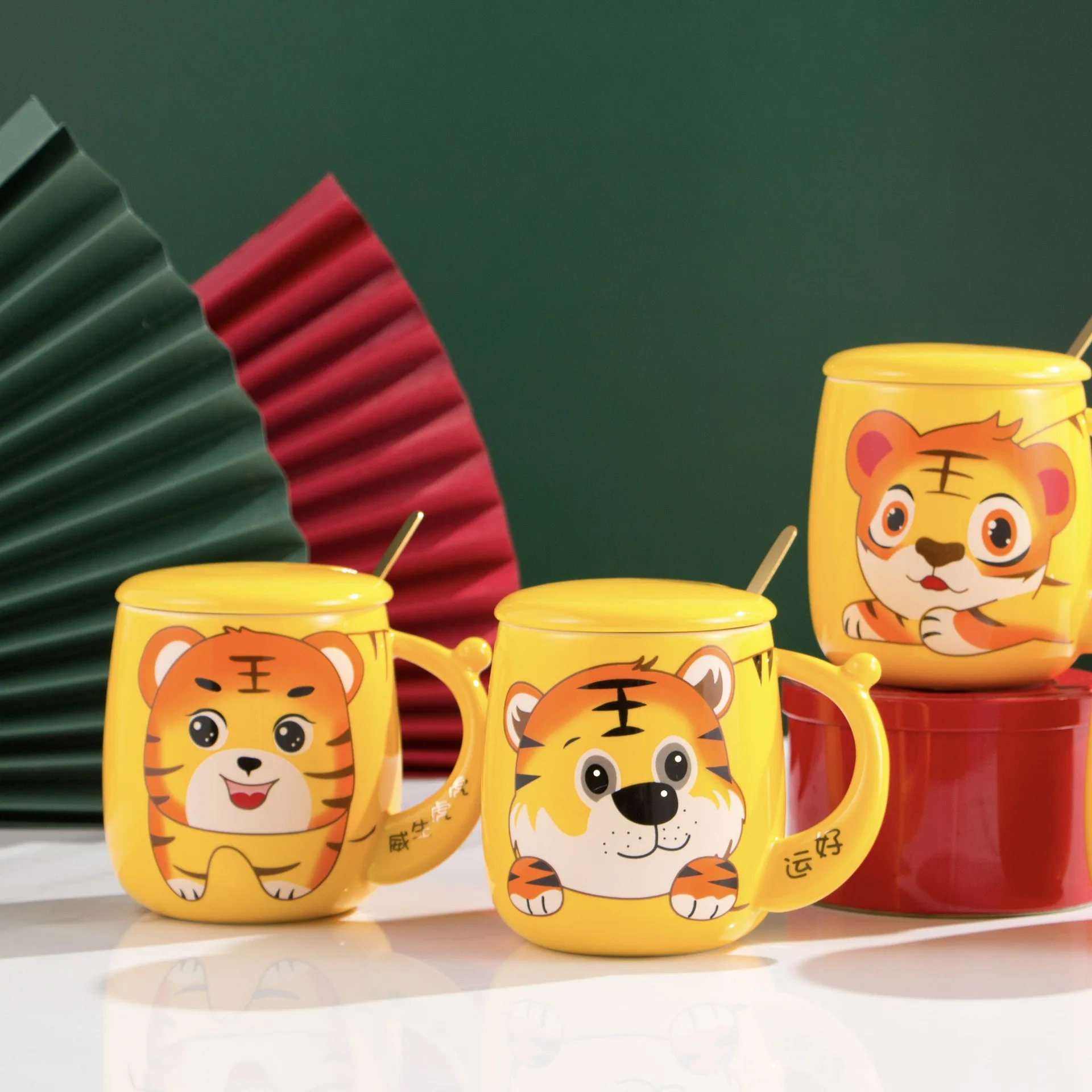 customized 2022 chinese new year tigers decoration 3d creative cute ceramic coffee mug cup gift set