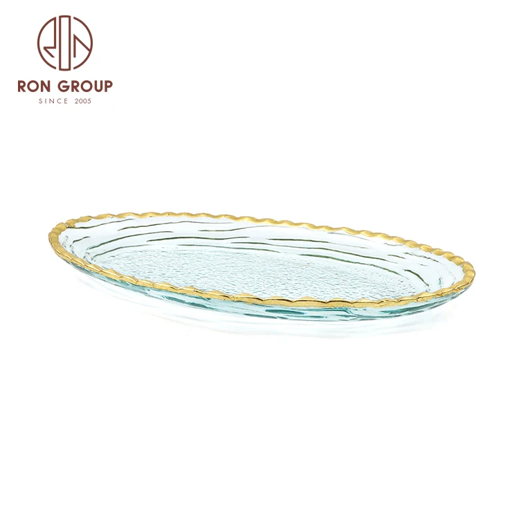 Cheap Wide gold rim clear candy food warmer glass dinnerware charger plate for wedding decoration baking dishes glass