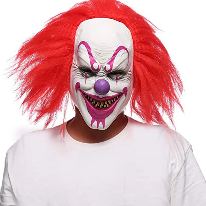 Scary Evil Killer Joker Clown Latex Mask Halloween Horror Cosplay Costume Prop Red Hair Smile Clown Mask