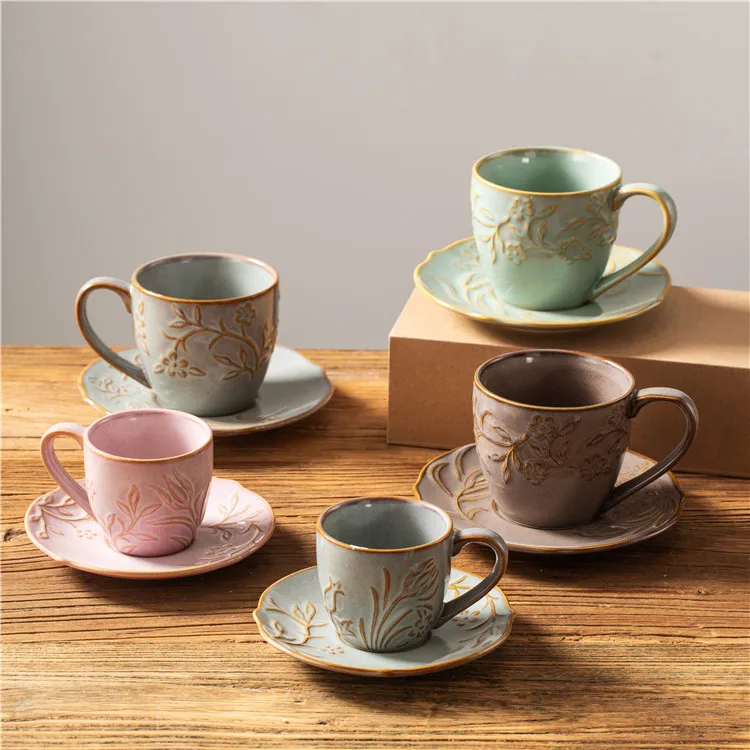 Chinese oriental luxury unique flower embossed vintage teapot ceramic cup saucer mug sets floral coffee and tea set