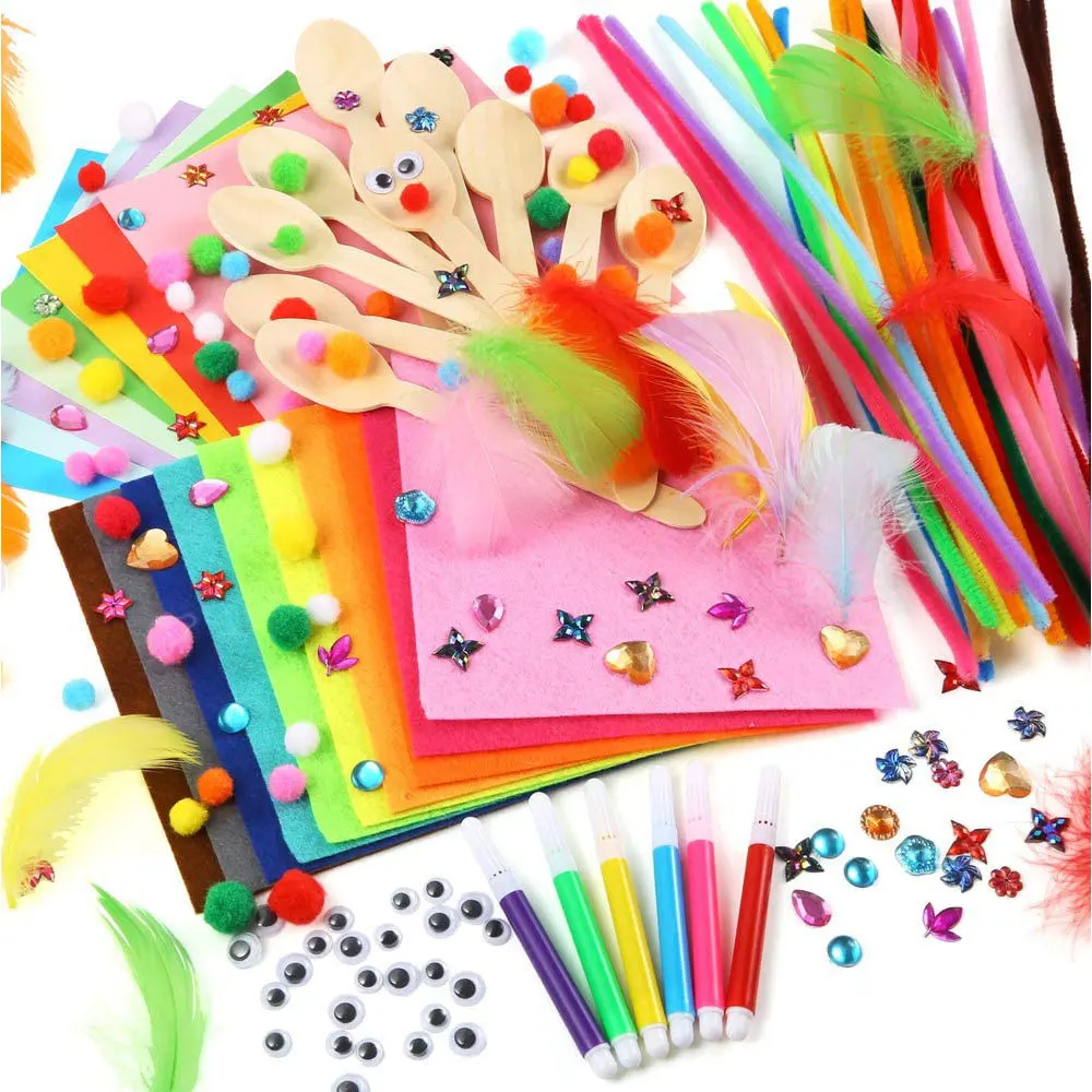 DIY Art Craft Sets Supplies for Kids Crafting Supplies Kits Pipe Cleaners-Colour Felt- Glitter Poms- Feather-Buttons