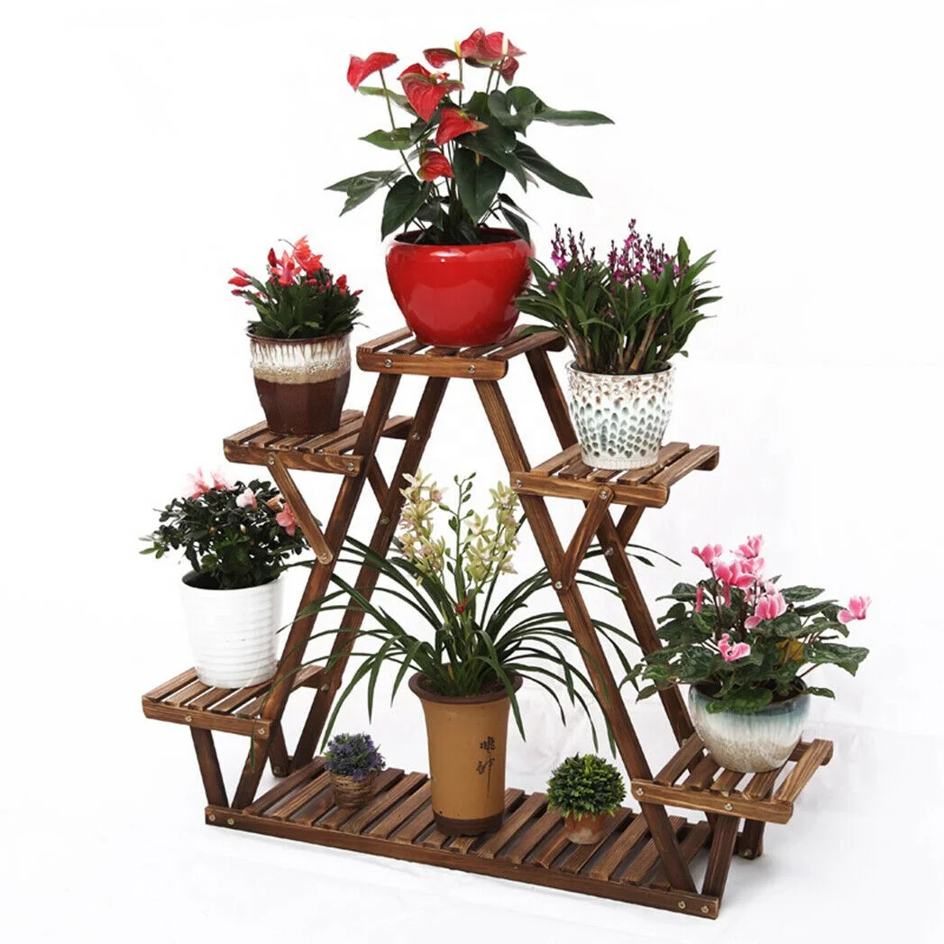 Wooden Plant Stand 6 Tier Bonsai Flower Display Shelf Carbonized Wood for Outdoor Plant Shelf