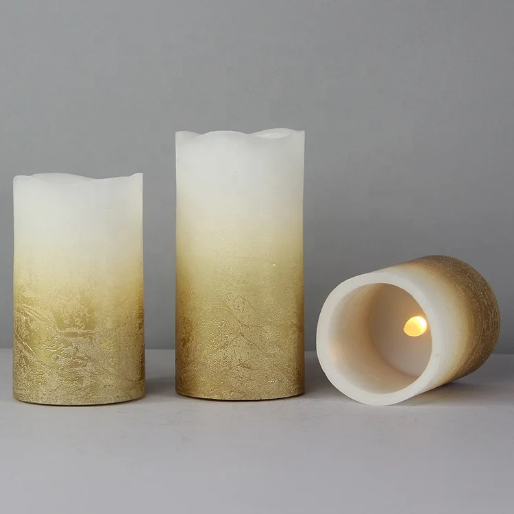 SET OF 3 BATTERY OPERATED REAL WAX FLICKERING LED CANDLE, WITH TIMER FUNCTION, WITH GOLD METALLIC OMBRE DISTRESSED FINISH