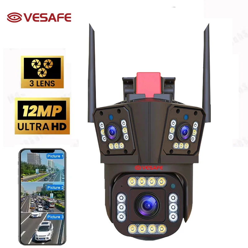 Vesafe Two-way Audio 3 Lens Screen Alarm Push Outdoor Cctv Hd 12MP Wifi Wireless Ip Security PTZ Cameras