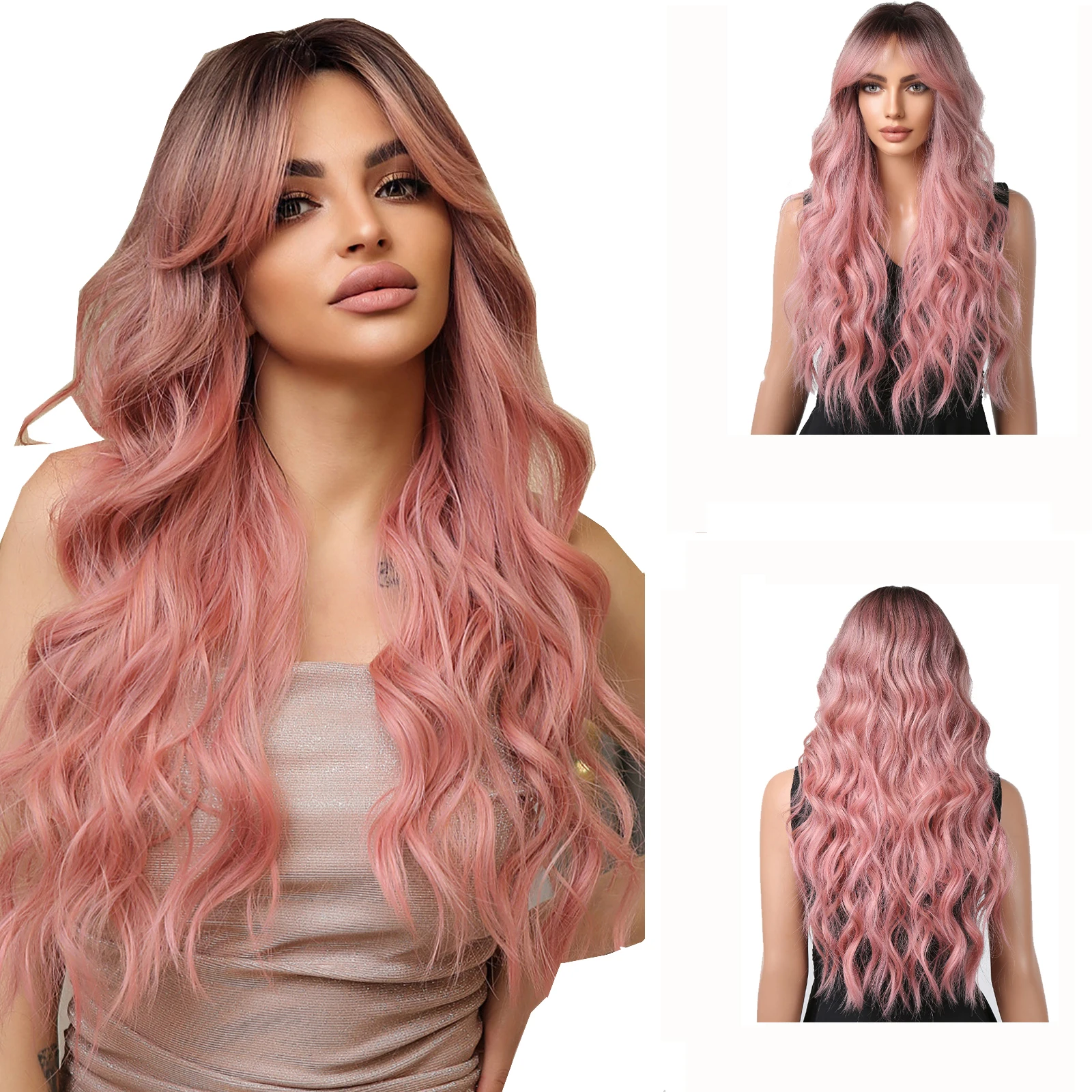 Fashion Butterfly Haircut 24 Inch Gradient Pink Curly Wavy Hair Wigs Synthetic Fiber Heat Resistant Hair Wigs