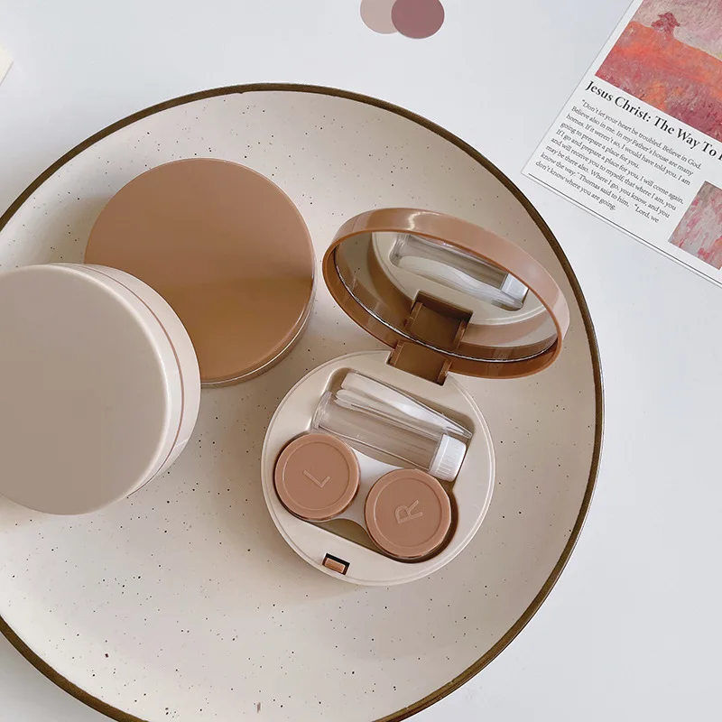 hot sale round shape high quality cream color contact lens case cute heart with mirror plastic case portable contact lens