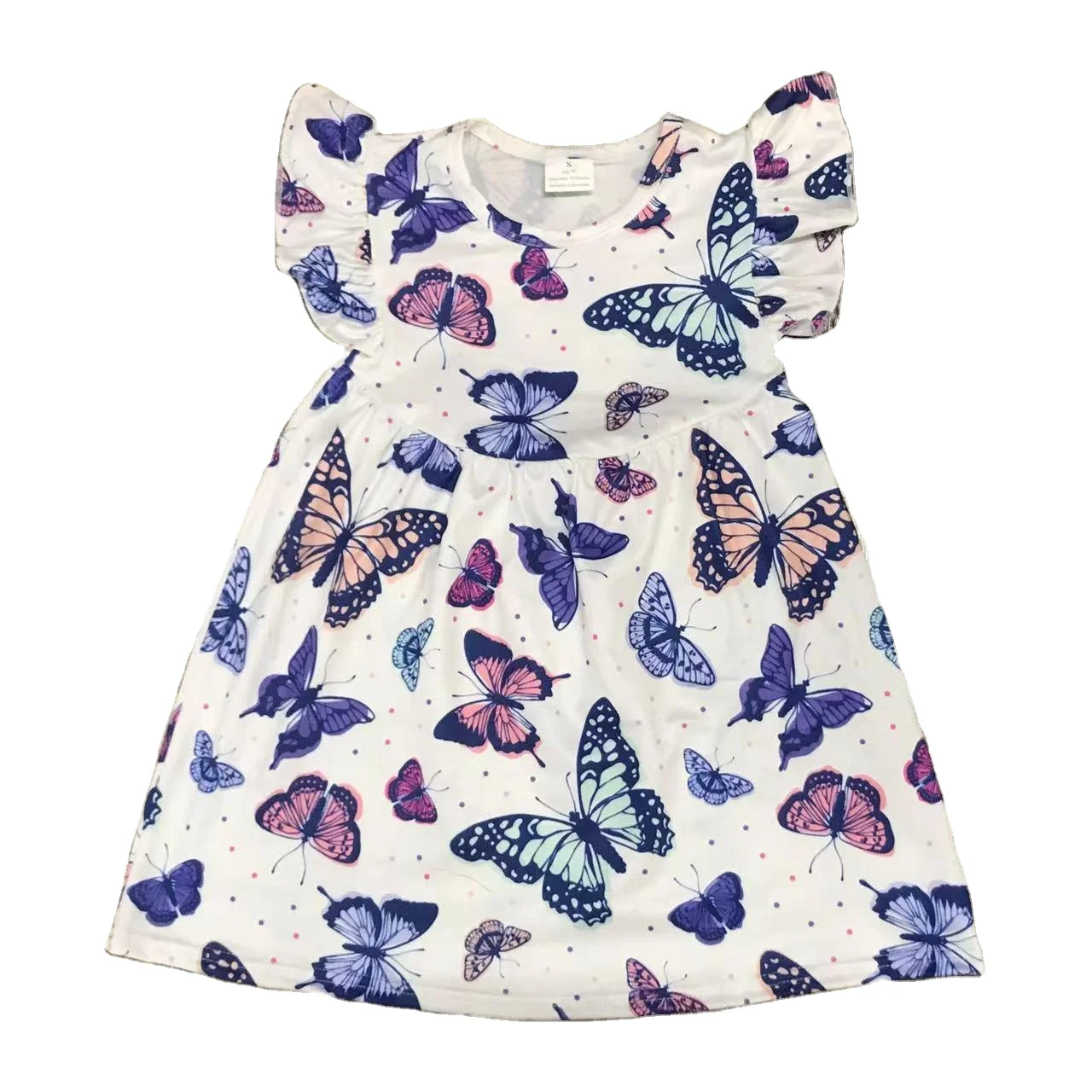 Flying Butterfly Girl Dress White Printed Short Sleeve Pearl Dress Wholesale Clothing