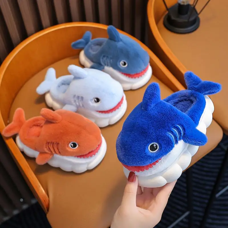 Cartoon Shark Winter Kids Cotton Plush Slippers Indoor Warm Thickened Home Non-slip Plush Shoes
