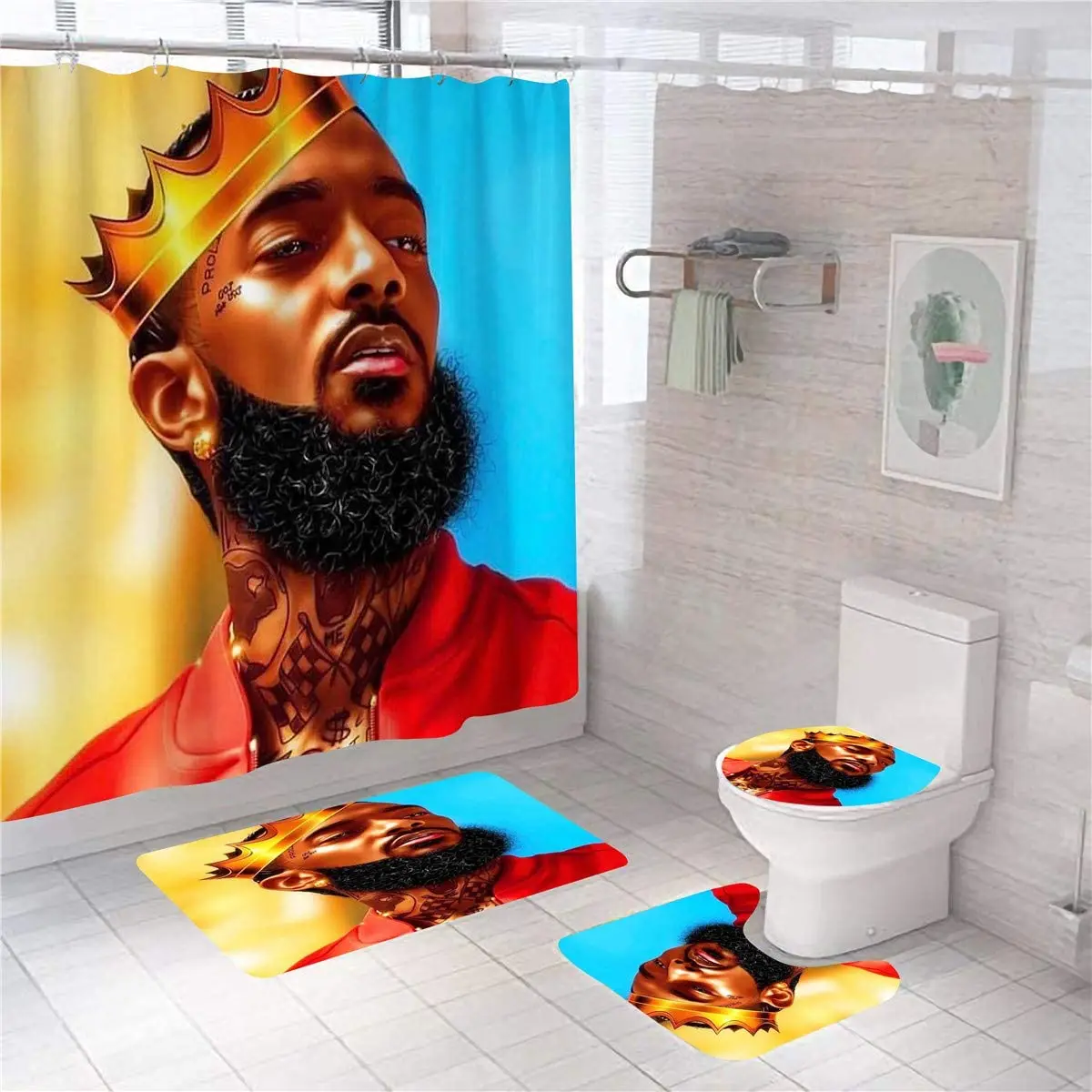 
Waterproof 3D Printing black men Style Shower Curtains Set with Hooks and Rugs for Bathroom mats 