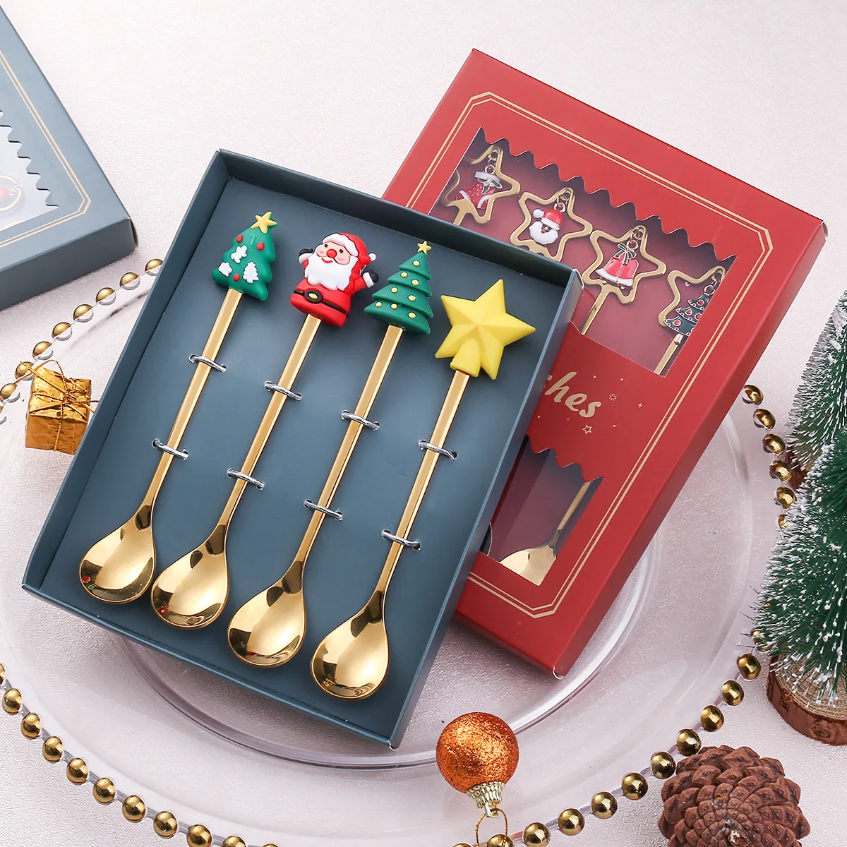 Hot Tea spoon Set Stainless Steel Gold Coffee Spoon Stirring Christmas Spoon Set