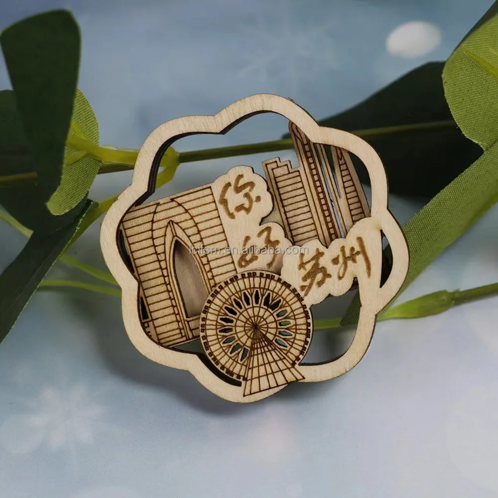 Cultural and creative large wooden fridge magnets featuring iconic urban architectural design