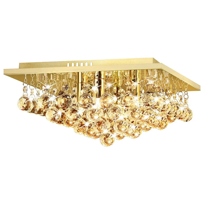 
Chandelier Ceiling Light Round Modern Flush Mount Crystal Droplets Chrome Base 