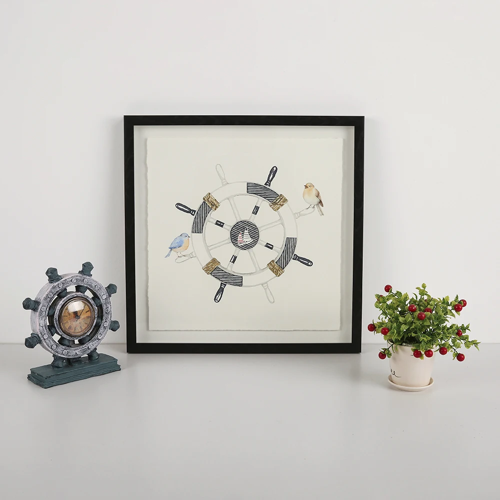 Gold foil boat helm wheel picture black and white wall art abstract prints on floating paper wall frame decor