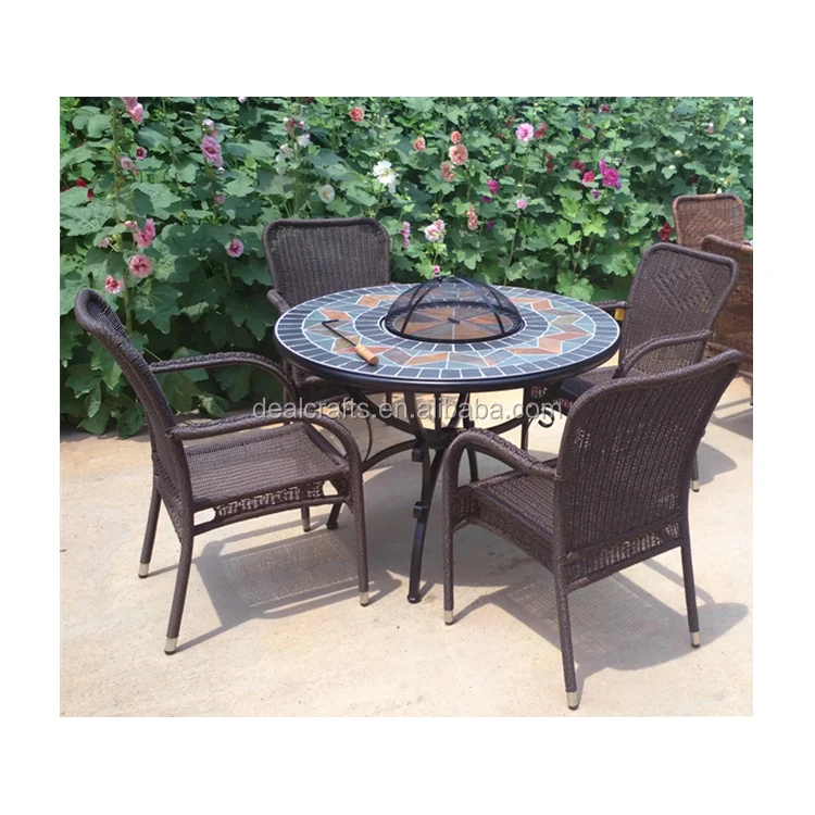 
Outdoor garden patio Mosaic fire pit table set with rattan chair dining tabletop fire pit 
