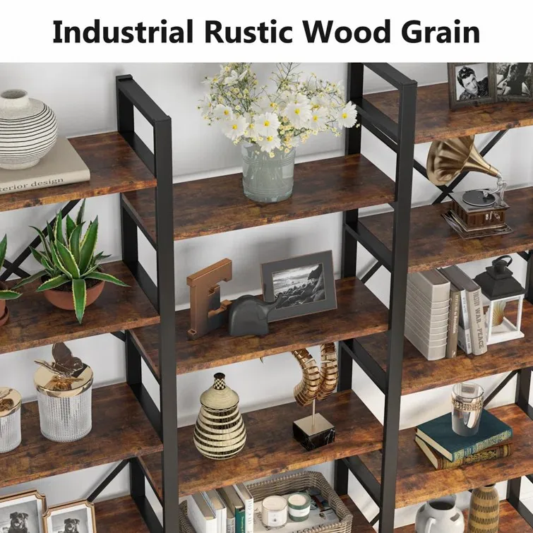 Rustic Large Open Metal Framed Bookshelf Tall Free Combination Office Bookcase Book Shelf Cabinet Rack Wood Wall Bookshelves