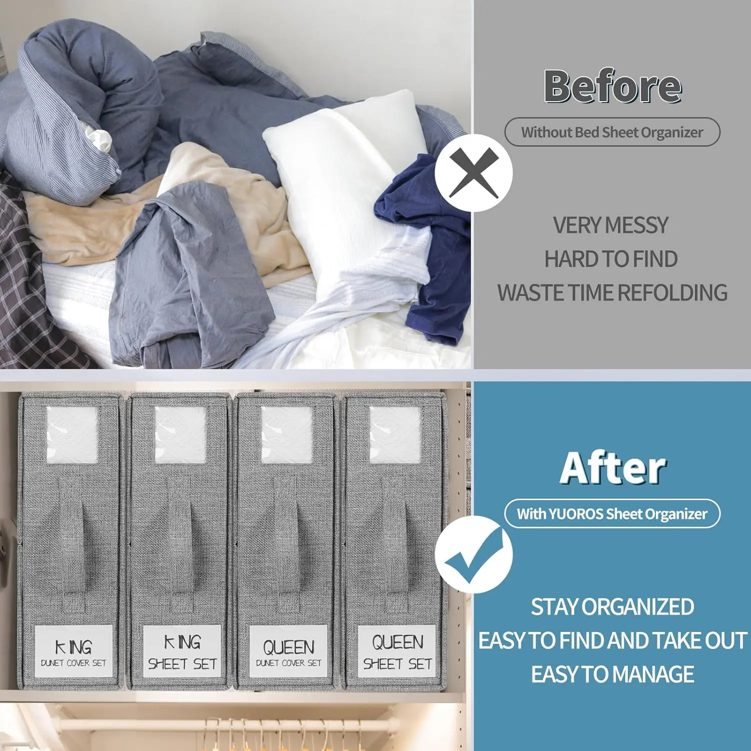 4 Pack Bed Sheet Organizer  Foldable  Organizer Linen Storage Box for  with 2Windows (Queen & King Size) linen Sheets Organizer