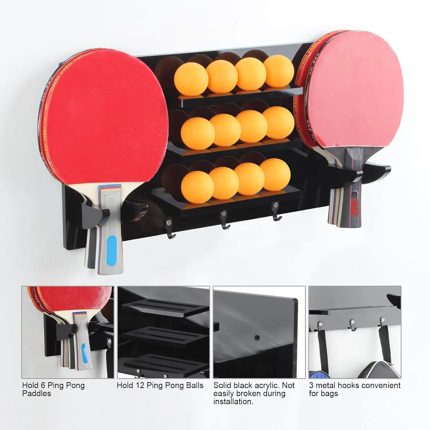Ping Pong Paddle and Balls Holder with Hooks, Wall Mounted Table Tennis Storage Rack for 6 Bats and 12 Balls