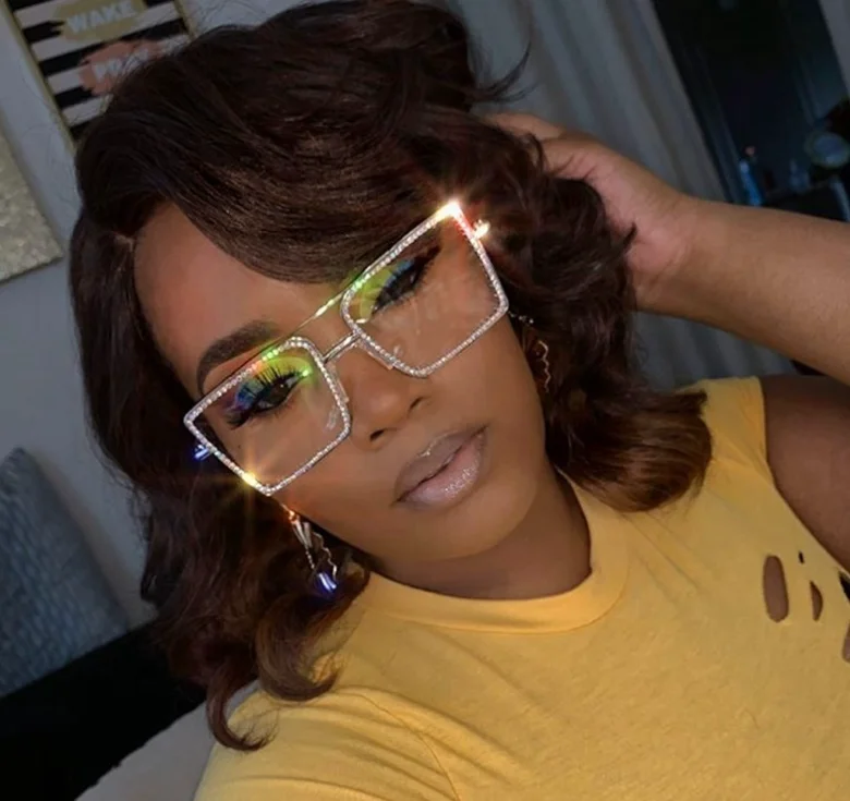 
Fashion Transparent square Sunglasses Metal Frame Women Oversize Diamond sunglasses Glasses 