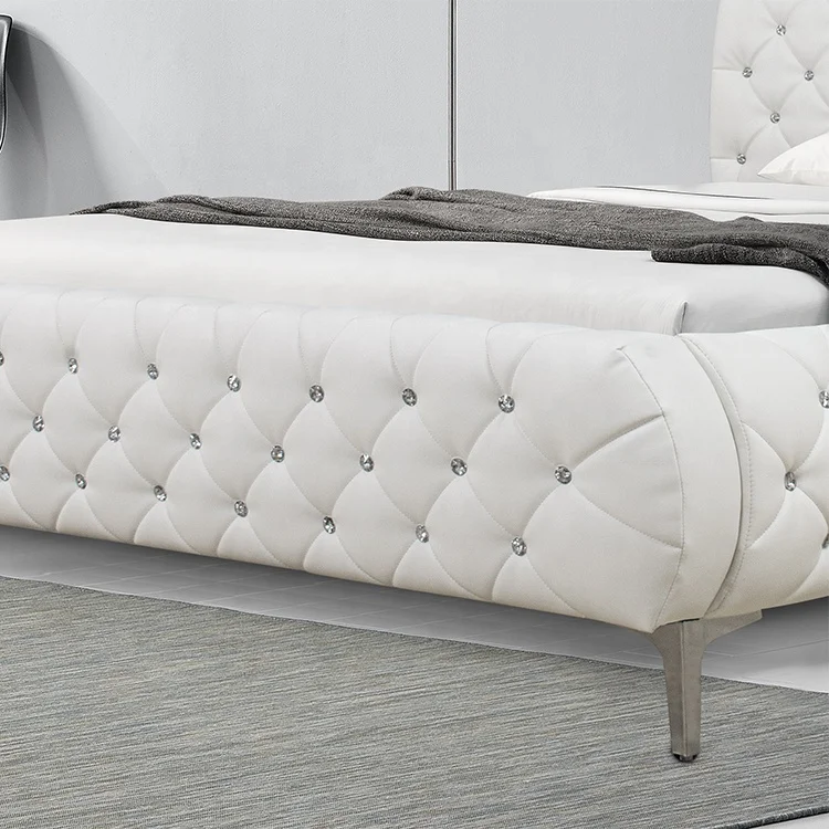 Willsoon New Store Modern Elegant Queen Size Bed Crystal Diamond High Headboard White PU Leather Soft Wooden Frame for Home