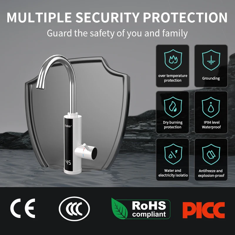 Fudeer Heater Cold Heating Faucet 3400W 220V Electric Kitchen Basin Water Heater Tap Instant Hot Stainless Steel Water Faucet