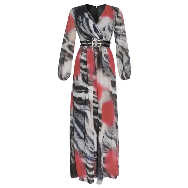 2021 summer ladies New Fashion Printed Dresses Long-Sleeved v-Neck Women clothing maxi Dresses with belt