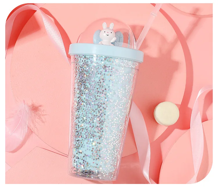SHUMON Stars Glitter Shiny Clear Tumbler with Straw Bubble Milk Tea Drinking Plastic Cup Sample Available Bottles