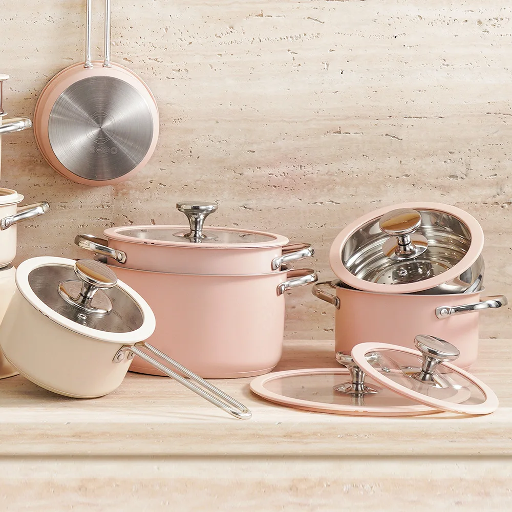 New Designer Korean Style 9 Pcs Durable Ceramic Paint Kitchen Induction Stainless Steel Cookware Sets Cooking Pot Set