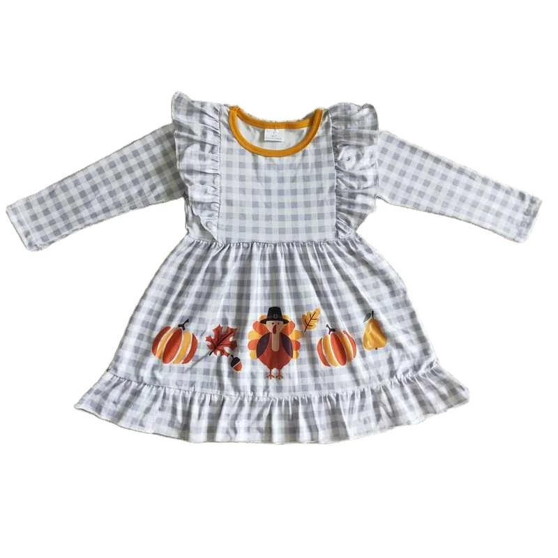 RTS New Arrivals Grey White Plaid  Print Turkeys Pumpkins Kids Short Sleeve Dress Baby Kids Print Dress Children Daily Wearing