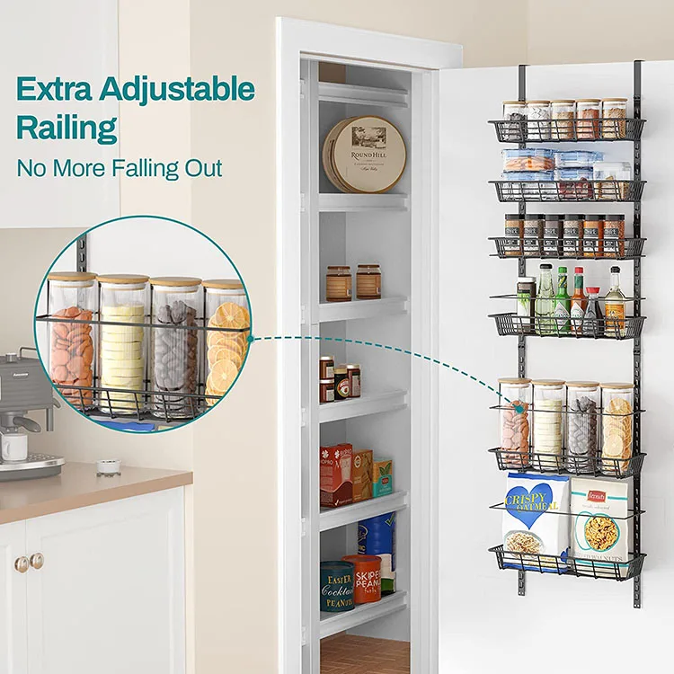 Hanging Behind Door Organizer Shelf-Spice 6 Adjustable Baskets Metal Over The Door Hook Mesh Organizer