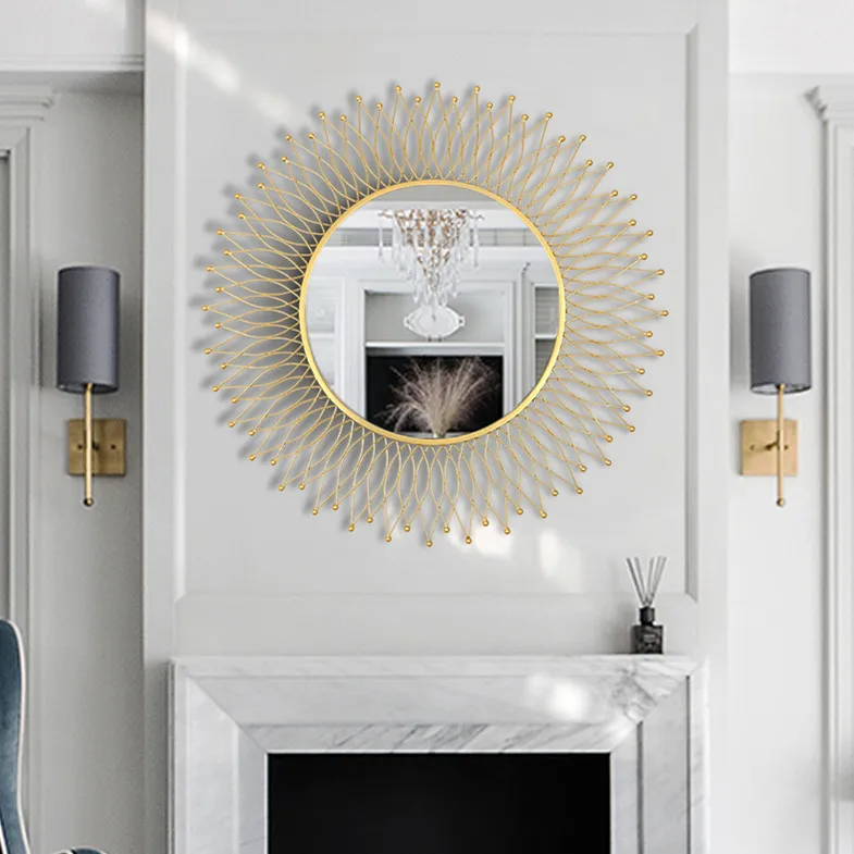 Fireplace and Cabinet Above 3D Metal Mirror Wall Hanging Artware Decoration