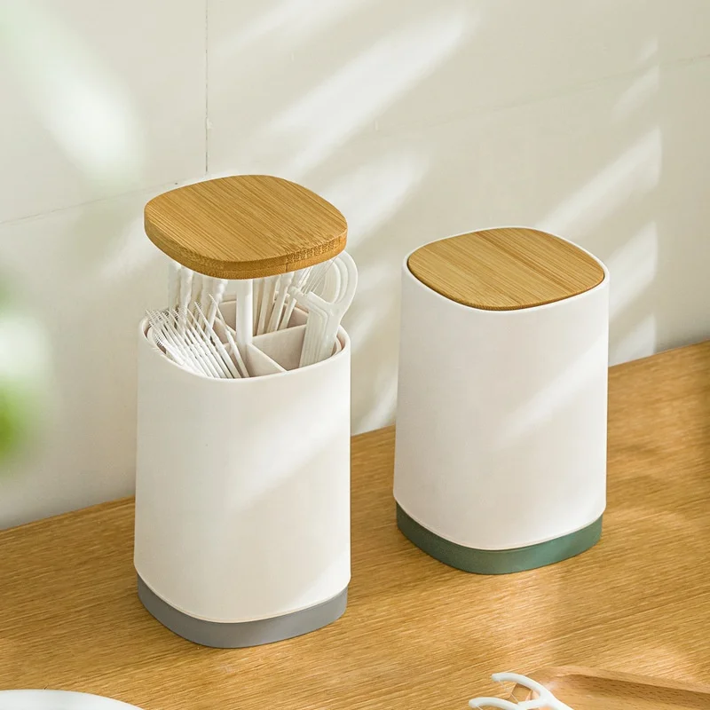 TikTok Creative Automatic Press Plastic Toothpick Holder Cans Desktop Swab Dental Floss Toothpick Storage Box with Wood Cover