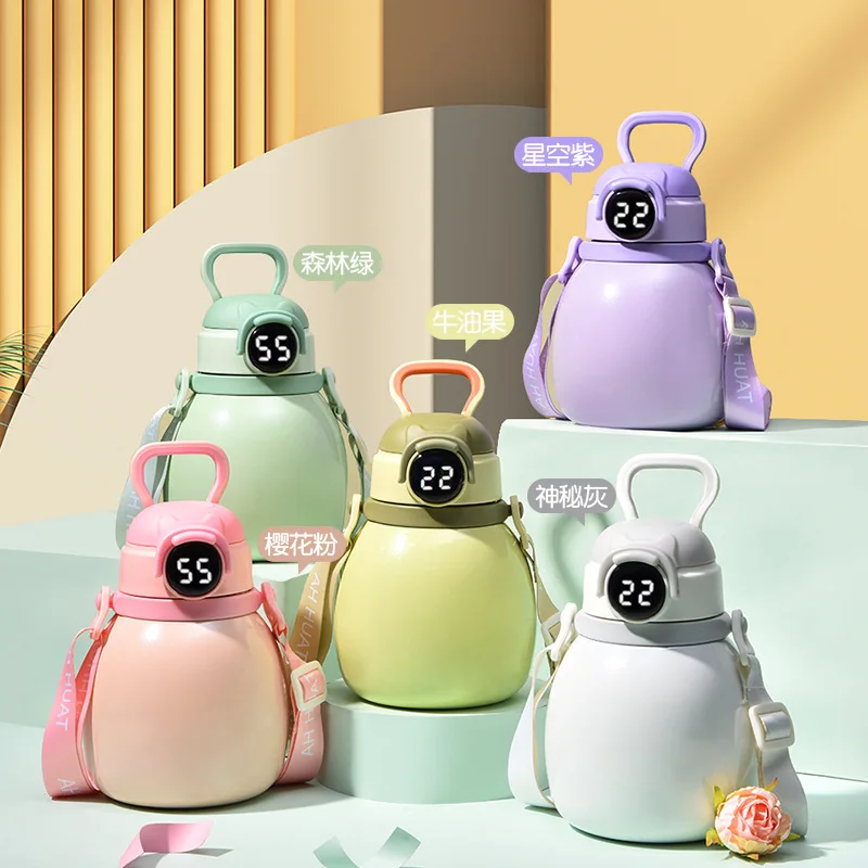 Wholesale Kids 316 Stainless Steel Smart Led Digital Temperature Thermos Straw Water Bottle with Crossbody Strap