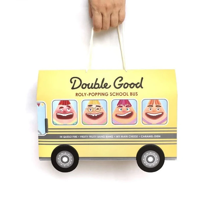 Custom logo unique eco friendly paper christmas school bus shape cookie candy baby gift box with handle