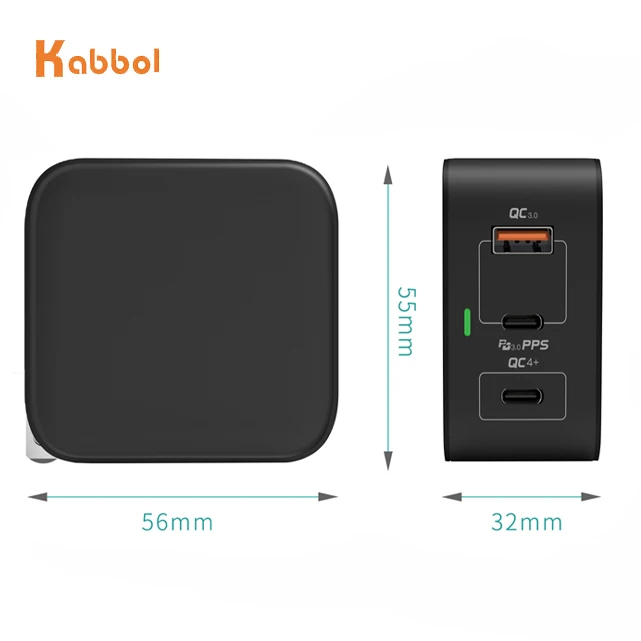 GaN Charger OEM 3 Port PD GaN 61W Wall/Travel Adapter PPS QC30 QC40 GaN Technology PD Port with US/EU/PSE/KC Plug for Laptops