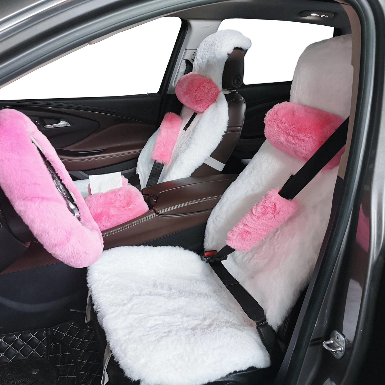 8 Pcs Gift Set Women Winter Fashion Wool Fur Soft Pink Furry Steering Wheel Covers Fuzzy  Warm Non-slip Car Decoration