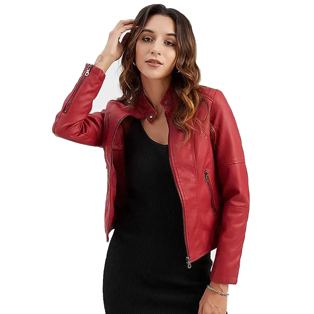 Red Women Leather Jacket  Long Jackets Custom Wholesale Fashion Women Coats Motorcycle Cropped Ladies Leather Jacket Coat