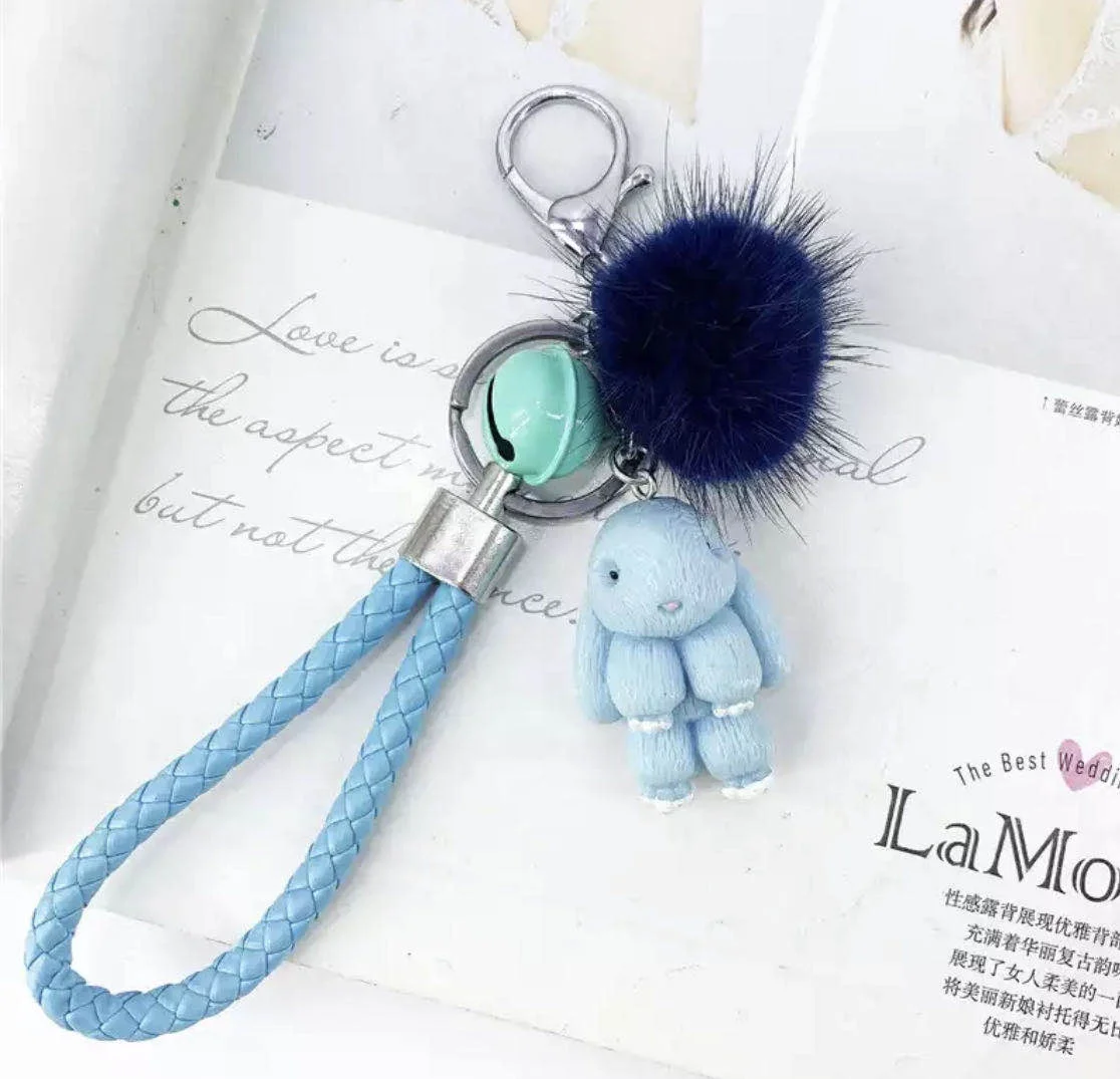
Cute rabbit from resin, keychain of mink fur, globular cartoon key for keys in the form of a rabbit for women, 