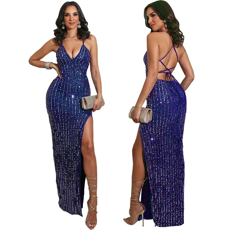 Party club split sleeveless spaghetti strap backless prom gowns for women evening dresses