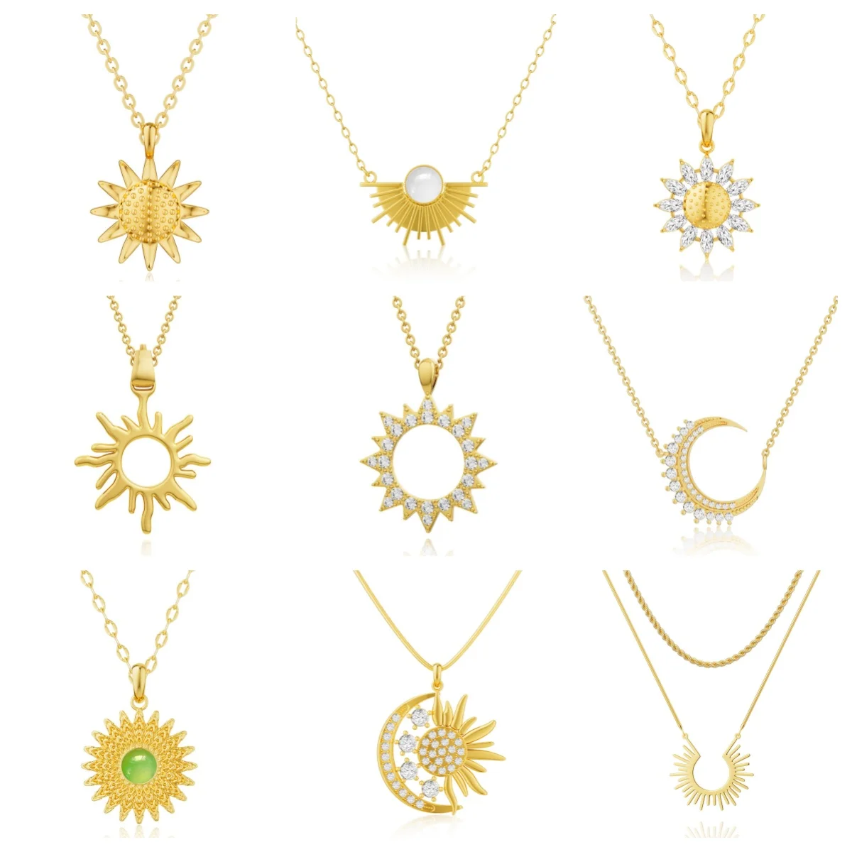 Minimalist Non Tarnish 18k Gold Plated Jewelry Hypoallergenic Double Layer 925 Silver Zircon Moon Sun Flower Necklace for Women