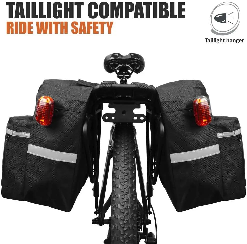 Bike Bag Bicycle Panniers with Adjustable Hooks Carrying Handle Reflective Trim and Large Zippered Pockets on the Top