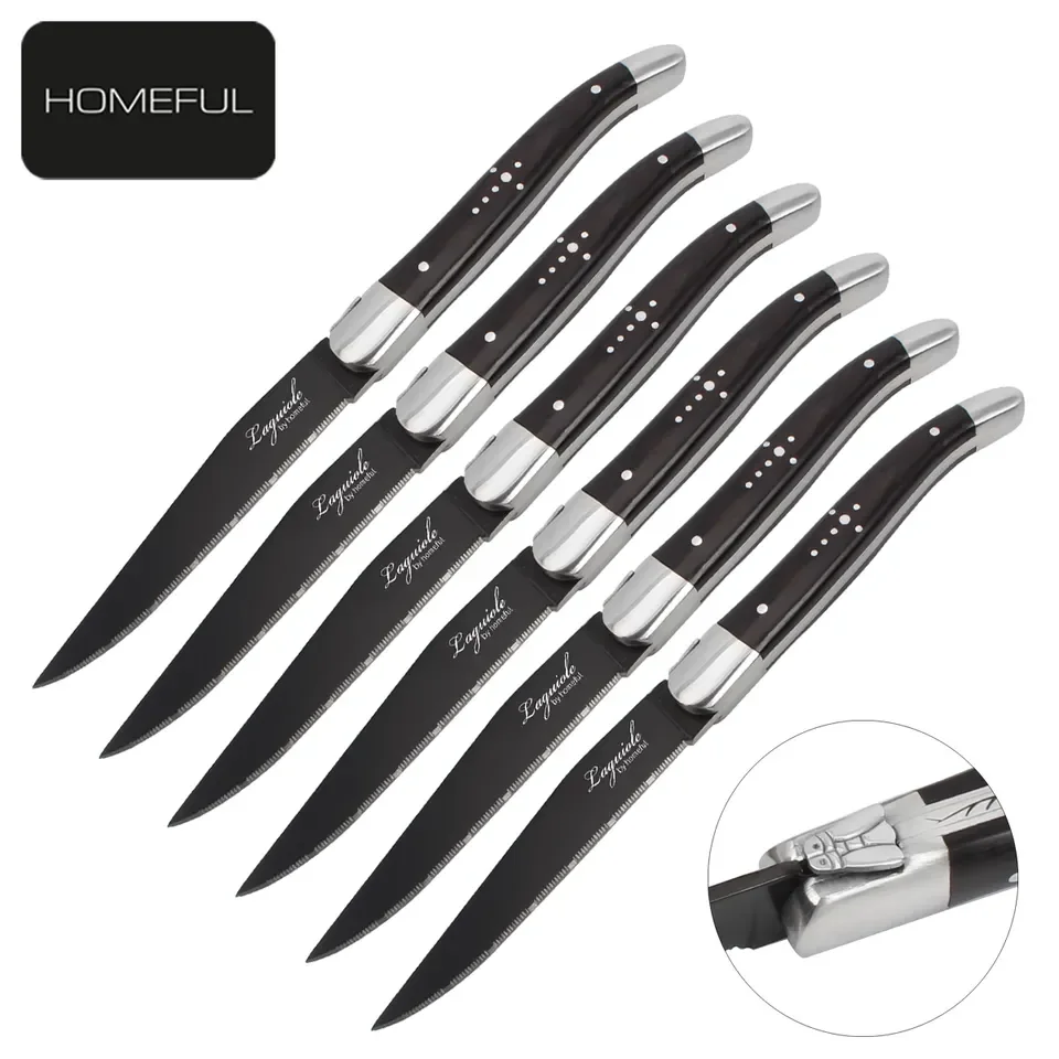 New collection black coating blade laguiole steak knife with forged pakka wood handle