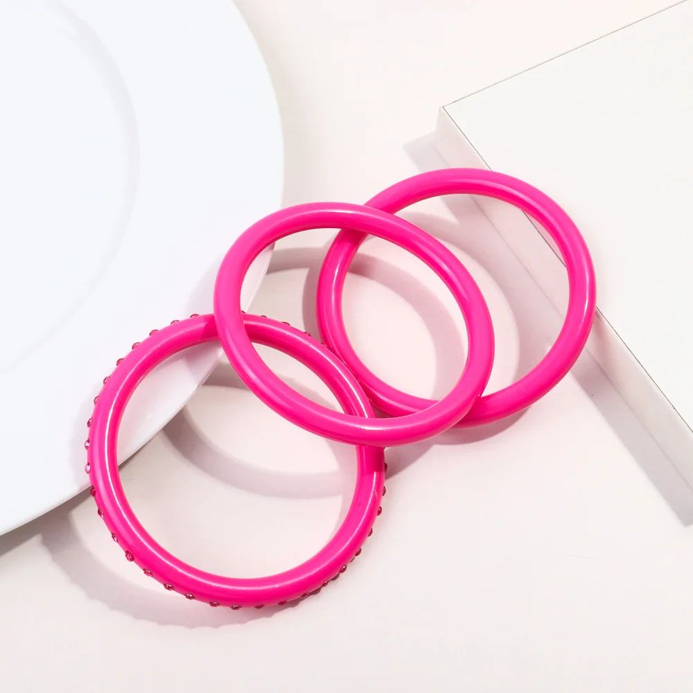 Wholesale High Quality Fashion Jewelry Vintage Resin Bangles Pink Rhinestone Smooth 3 piece/set Acrylic Bracelet Set for Women