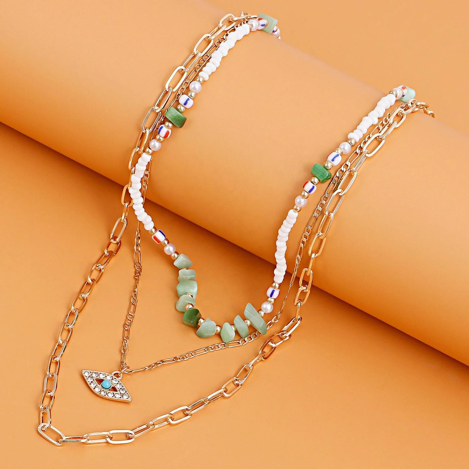 Hot Selling Multi-layer Necklace Rice Beads Turquois Choker Rhinestone Turkish Eyes Pendant Necklace Women Fashion Jewelry