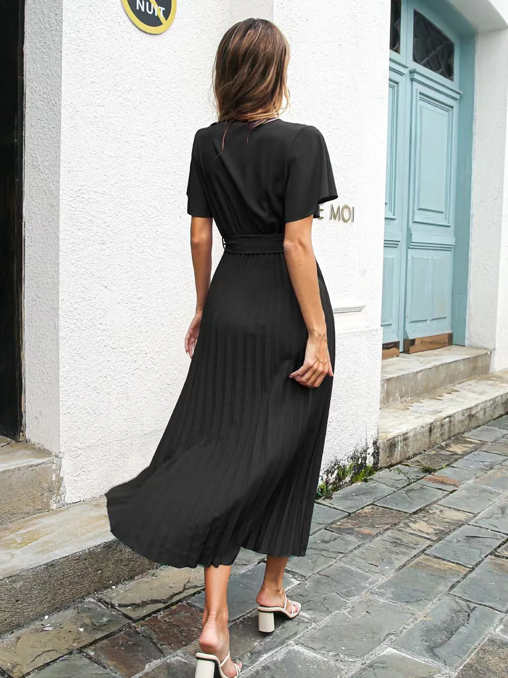 2022 New High Quality Custom Women Elegant Dresses V-neck Ruffled Midi Solid Ladies Casual Dresses Summer Women Clothing