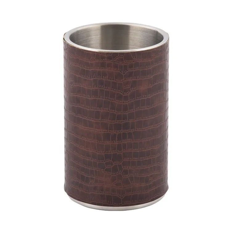 EFINE PU Leather Wrapping Ice Bucket Stainless Steel Round Double Insulated Wine Cooler Champagne Buckets