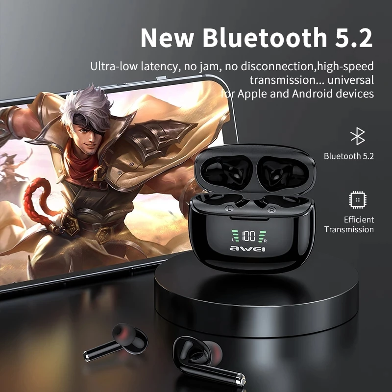 Awei New Arrival Bluetooth Earphone Headphone Version 5. 2 TWS TA8 Cellphone Earbuds Wireless Stereo Earphone Bluetooth