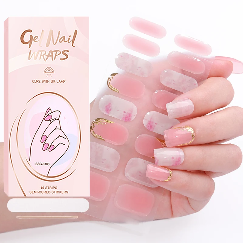 Factory customization glitter crystal jellyl semi cured wraps long lasting gel nails strips sticker