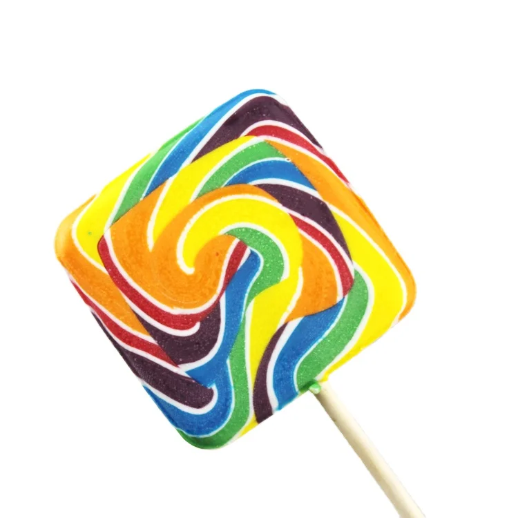 
Manufacturer Direct Sale Square Shaped Big Flat Swirl Lollipops With Rainbow Colors In Hard Candies 