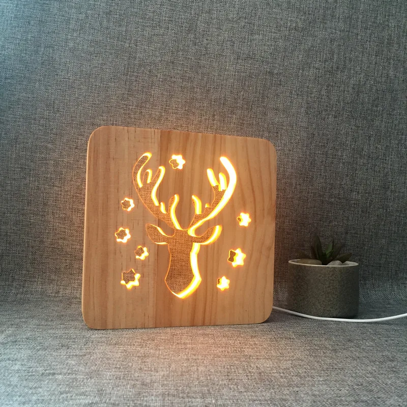 Wooden Lamp Animal Cute Cat Lamp 3D USB Led Table Light Switch Control Wood Carving Lamp