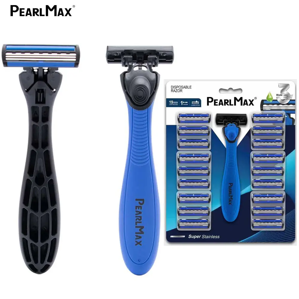 PearlMax New Products Rubber Handle Safety Razor Blade Scrapper Man Stainless Steel Triple Blade Razor Barber Cheap Razor